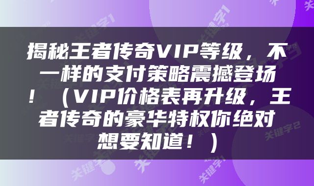 揭秘王者传奇VIP等级，不一样的支付策略震撼登场！（VIP价格表再升级，王者传奇的豪华特权你绝对想要知道！）