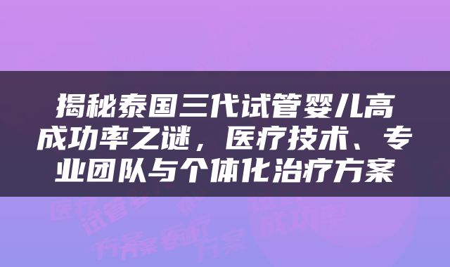 揭秘泰国三代试管婴儿高成功率之谜，医疗技术、专业团队与个体化治疗方案