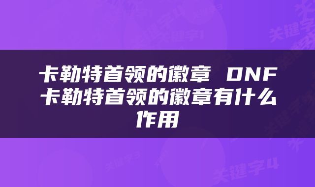 卡勒特首领的徽章 DNF卡勒特首领的徽章有什么作用