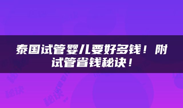 泰国试管婴儿要好多钱！附试管省钱秘诀！