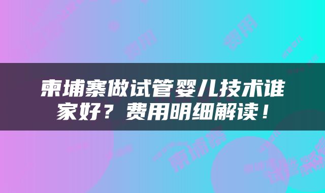 柬埔寨做试管婴儿技术谁家好？费用明细解读！