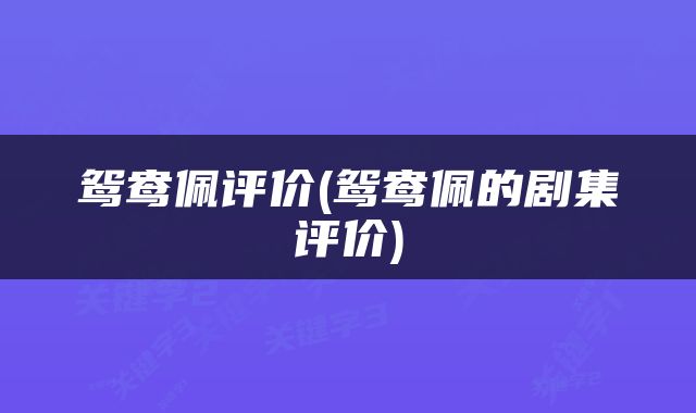 鸳鸯佩评价(鸳鸯佩的剧集评价)