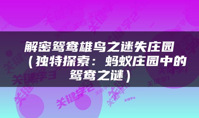 解密鸳鸯雄鸟之迷失庄园（独特探索：蚂蚁庄园中的鸳鸯之谜）