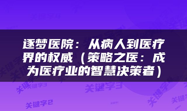 逐梦医院:从病人到医疗界的权威(策略之医:成为医疗业的智慧决策者)