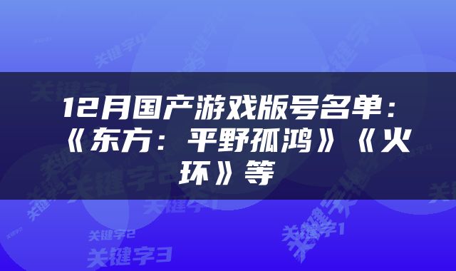 12月国产游戏版号名单：《东方：平野孤鸿》《火环》等