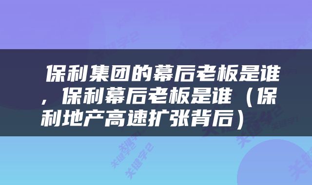  保利集团的幕后老板是谁，保利幕后老板是谁（保利地产高速扩张背后） 