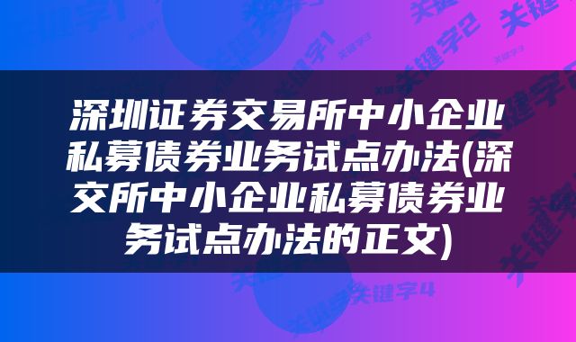 深圳证券交易所中小企业私募债券业务试点办法(深交所中小企业私募债券业务试点办法的正文)