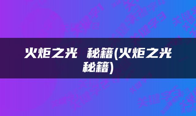 火炬之光 秘籍(火炬之光秘籍)