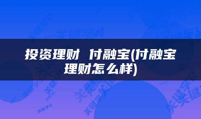 投资理财 付融宝(付融宝理财怎么样)