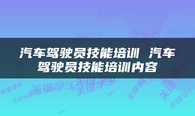 汽车驾驶员技能培训 汽车驾驶员技能培训内容