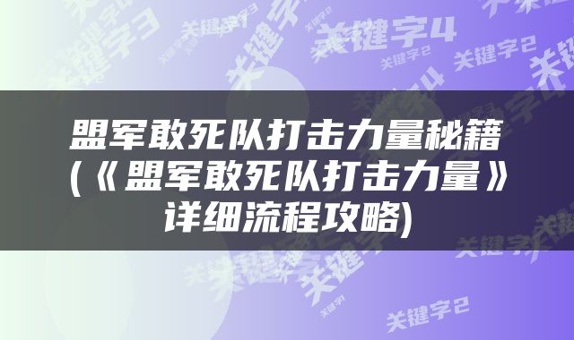 盟军敢死队打击力量秘籍(《盟军敢死队打击力量》详细流程攻略)