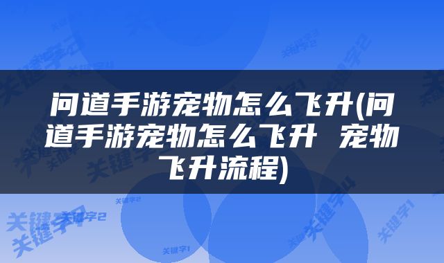 问道手游宠物怎么飞升(问道手游宠物怎么飞升 宠物飞升流程)