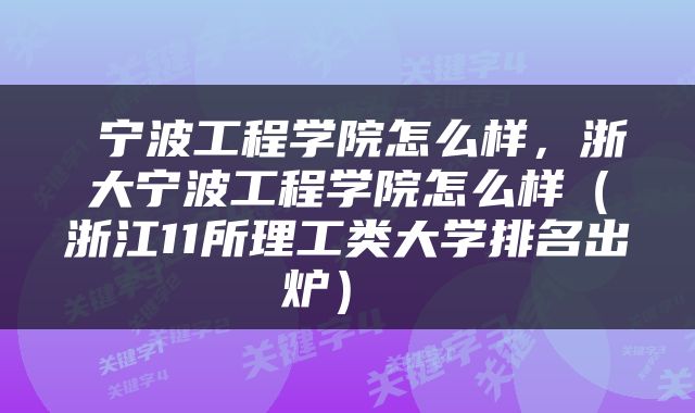 宁波工程学院怎么样，浙大宁波工程学院怎么样（浙江11所理工类大学排名出炉） 