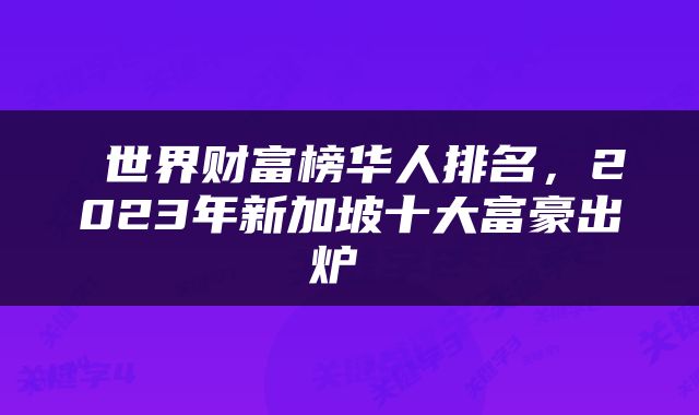  世界财富榜华人排名，2023年新加坡十大富豪出炉 