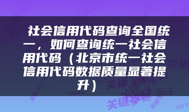  社会信用代码查询全国统一，如何查询统一社会信用代码（北京市统一社会信用代码数据质量显著提升） 