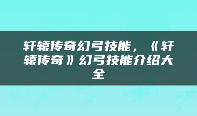 轩辕传奇幻弓技能，《轩辕传奇》幻弓技能介绍大全