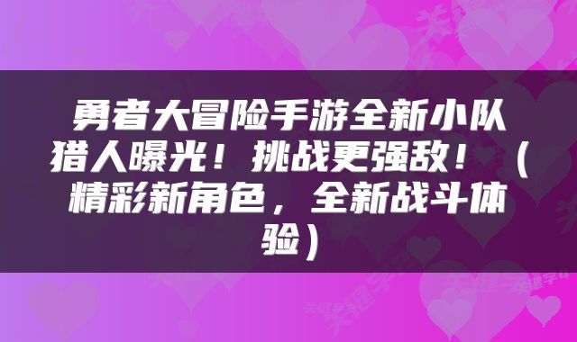 勇者大冒险手游全新小队猎人曝光！挑战更强敌！（精彩新角色，全新战斗体验）