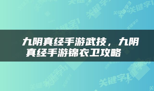  九阴真经手游武技，九阴真经手游锦衣卫攻略 