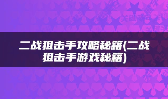 二战狙击手攻略秘籍(二战狙击手游戏秘籍)