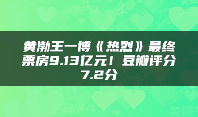 黄渤王一博《热烈》最终票房9.13亿元!豆瓣评分7.2分