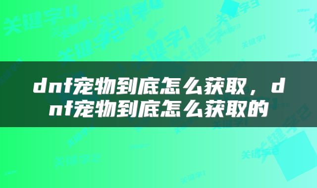 dnf宠物到底怎么获取，dnf宠物到底怎么获取的