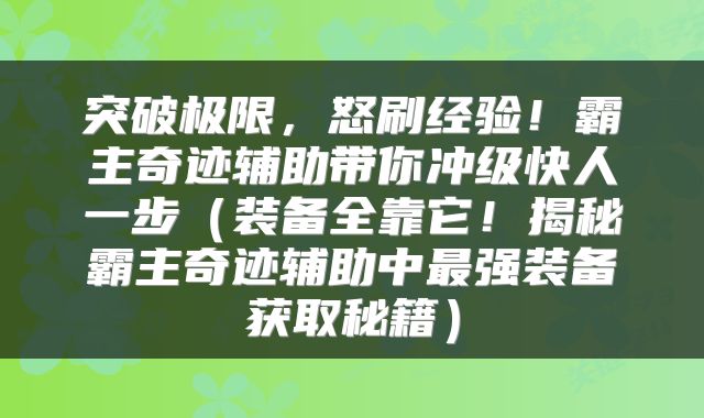 突破极限，怒刷经验！霸主奇迹辅助带你冲级快人一步（装备全靠它！揭秘霸主奇迹辅助中最强装备获取秘籍）