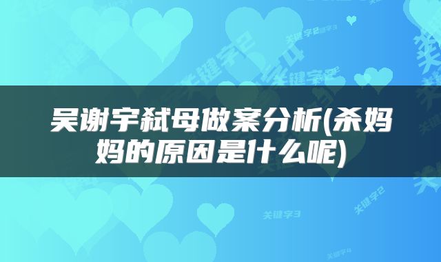 吴谢宇弑母做案分析(杀妈妈的原因是什么呢)