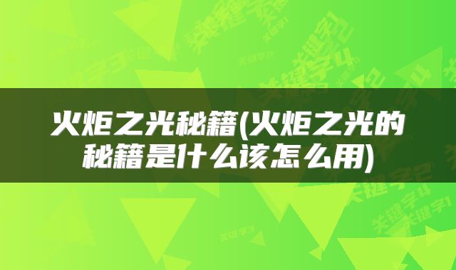 火炬之光秘籍(火炬之光的秘籍是什么该怎么用)
