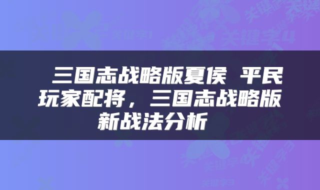  三国志战略版夏侯惇平民玩家配将，三国志战略版新战法分析 